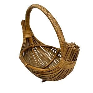 Pencil Reed Wood Basket handmade signed unique boat shape vintage centerpiece